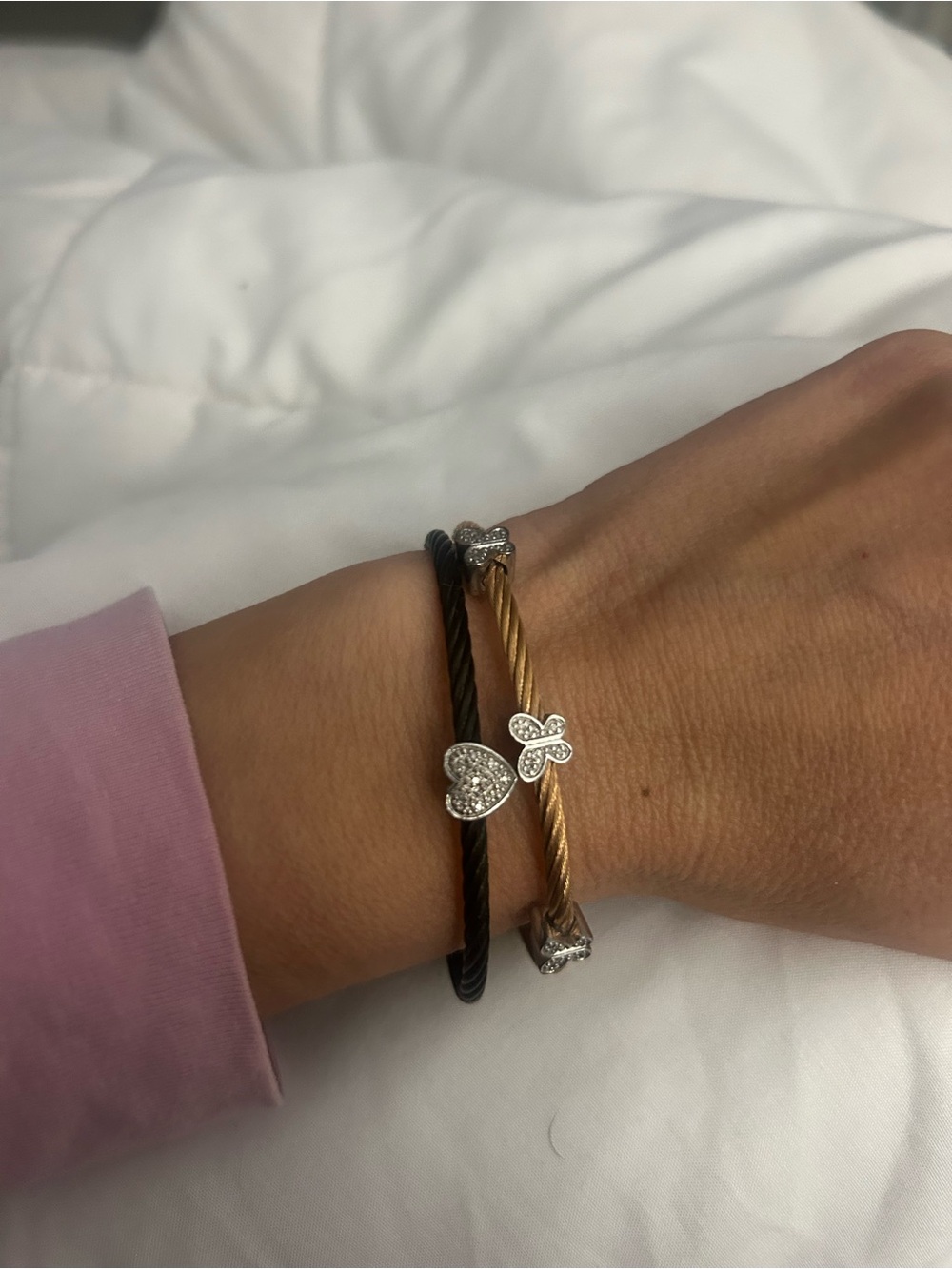 Two-Tone Heart & butterflies Cable Bracelets - Black and Gold